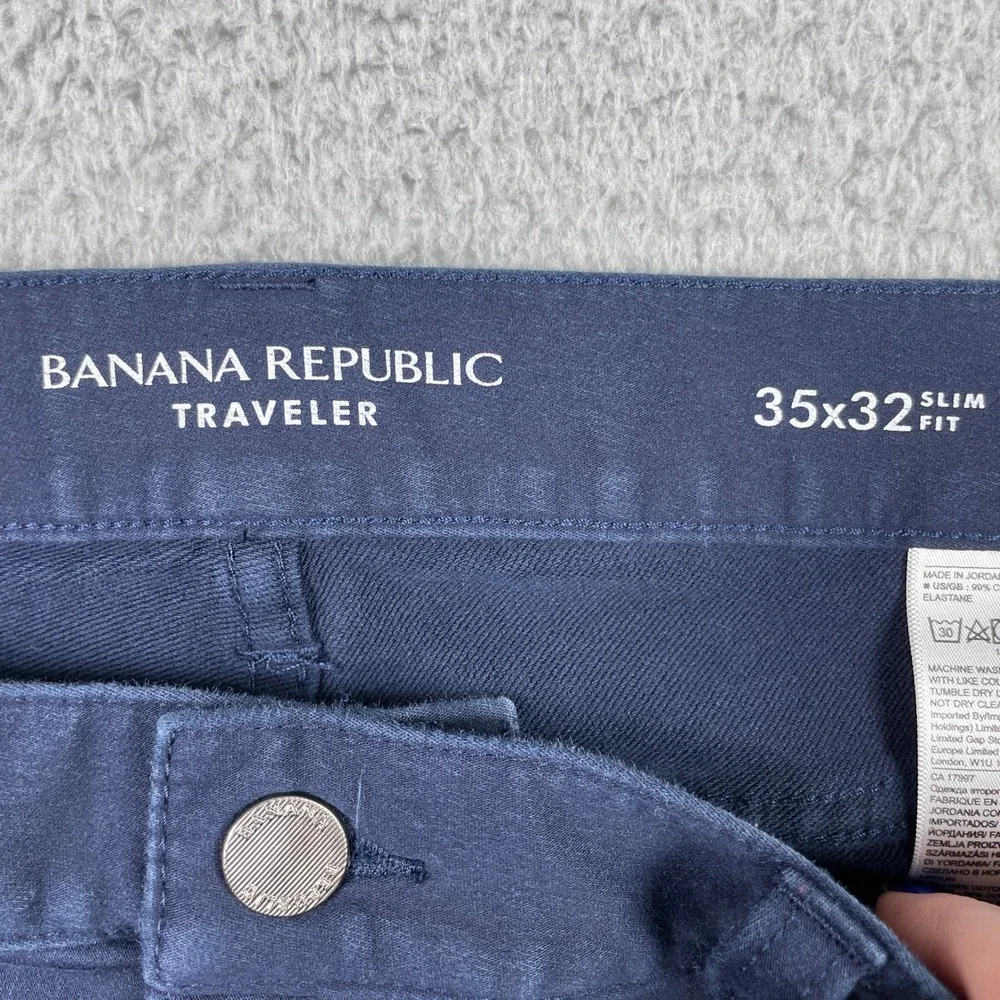 Banana Republic Slim Traveler Pants Mens 35x32 Navy Blue Stretch Preppy Business